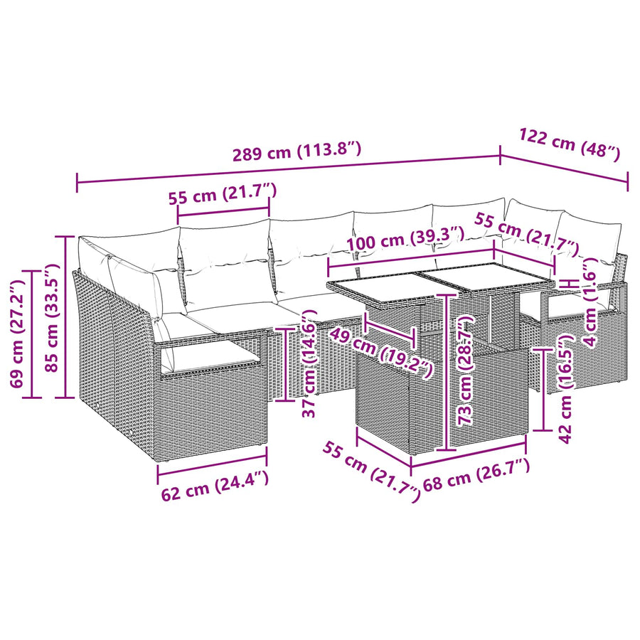 Tuin Sofa Set met kussen 8 pcs Zwart en Blauw poly rattan