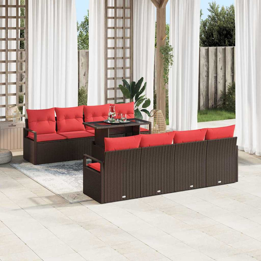 Tuin Sofa Set met opslag 9 pcs Bruin en Rood poly rattan