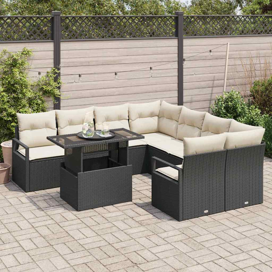 Tuin Sofa Set met opslag 9 pcs Zwart en Crème poly rattan