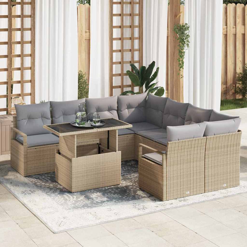 Tuin Sofa Set met kussen 9 pcs Beige en Licht Grijs poly rattan
