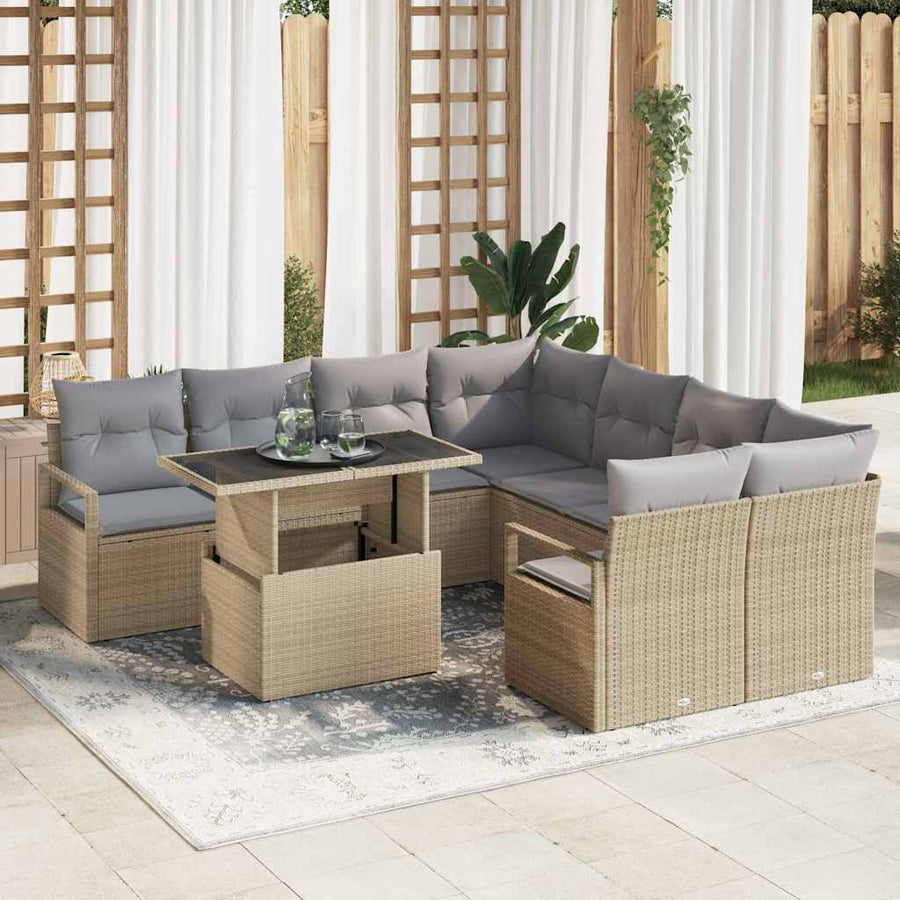 Tuin Sofa Set met kussen 9 pcs Beige en Licht Grijs poly rattan