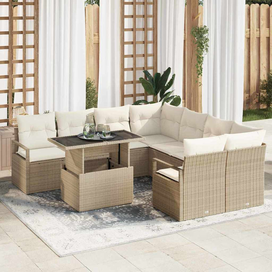 Tuin Sofa Set met kussen 9 pcs Beige en Crème poly rattan