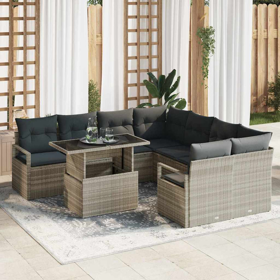 Tuin Sofa Set met kussen 9 pcs Lichtgrijs poly rattan