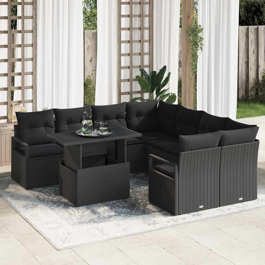 Tuin Sofa Set met kussen 9 pcs Zwart poly rattan