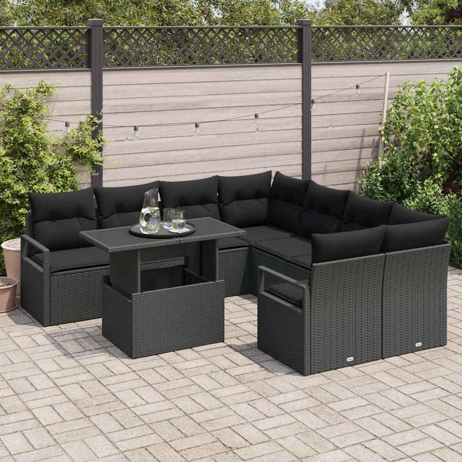 Tuin Sofa Set met kussen 9 pcs Zwart poly rattan