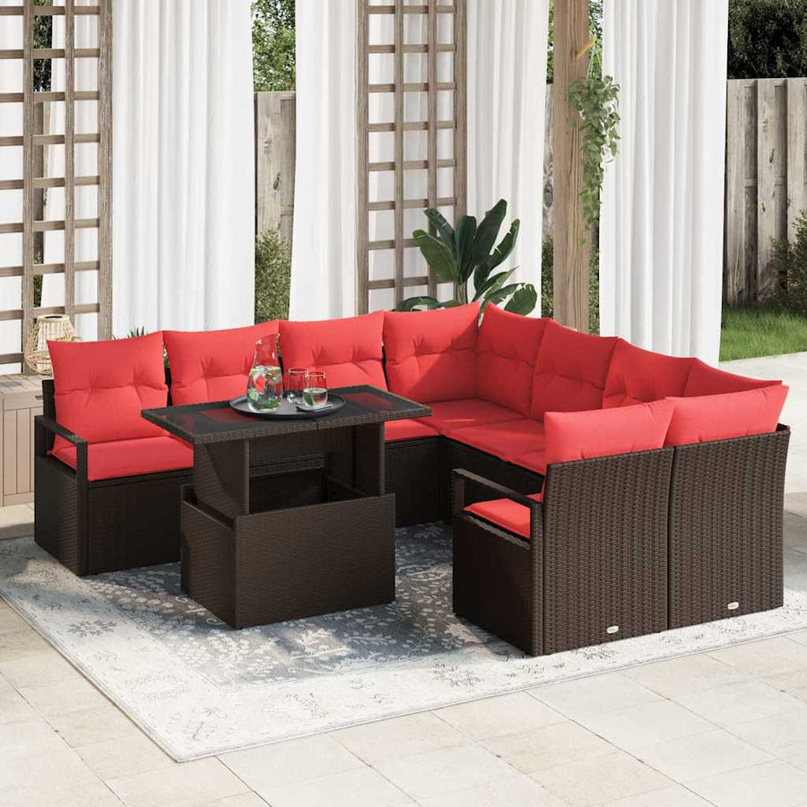 Tuin Sofa Set met opslag 9 pcs Bruin en Rood poly rattan