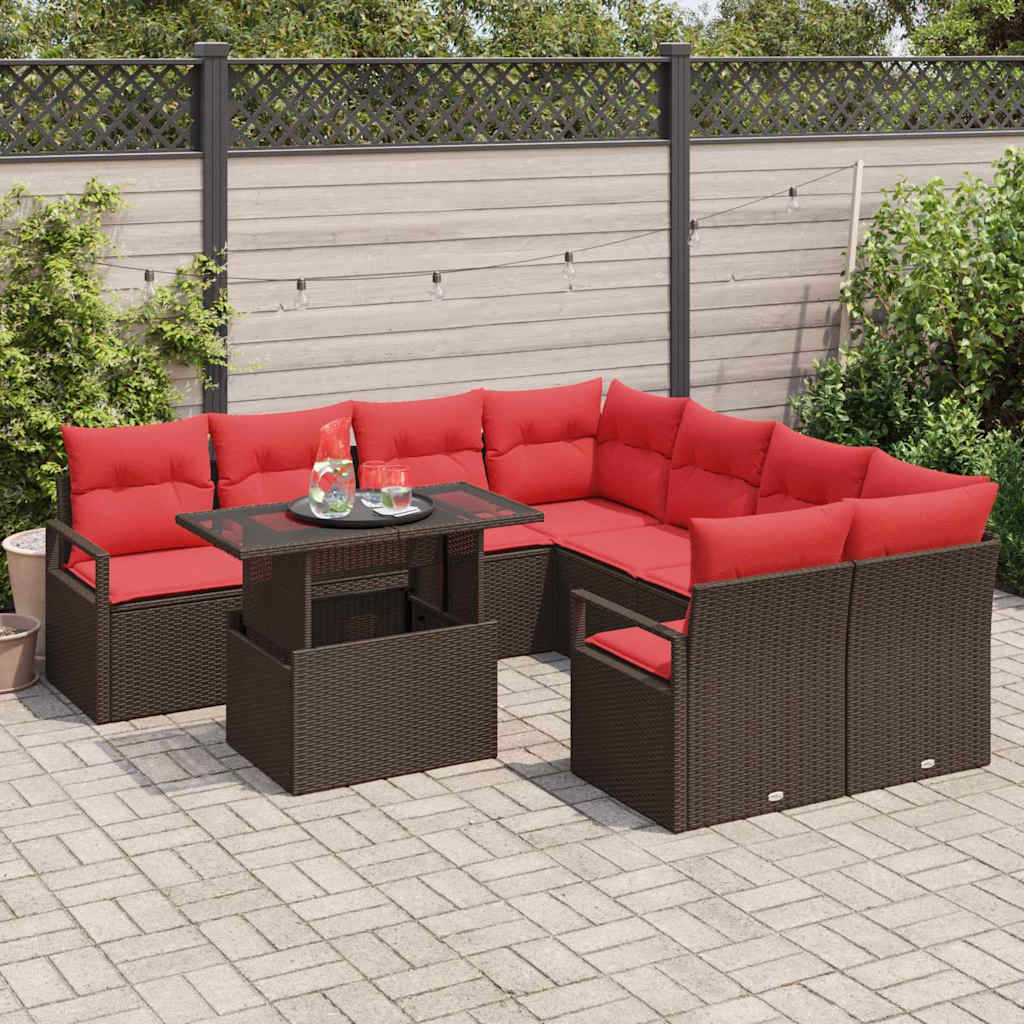Tuin Sofa Set met opslag 9 pcs Bruin en Rood poly rattan