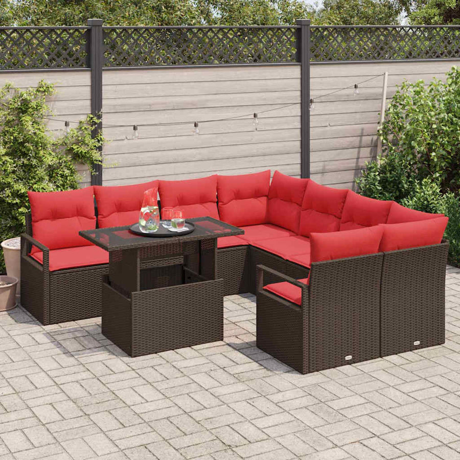 Tuin Sofa Set met opslag 9 pcs Bruin en Rood poly rattan