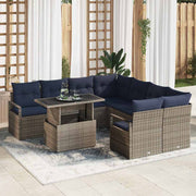 Tuin loungeset poly rattan grijs marineblauw 9-delig