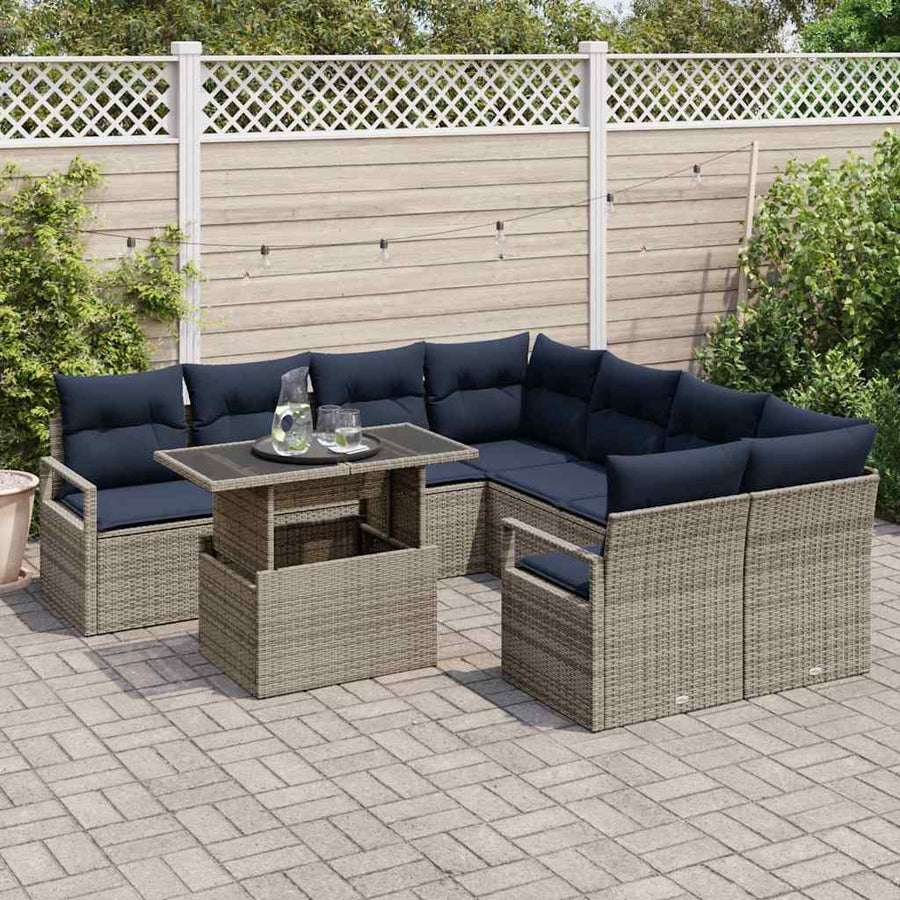 Tuin Sofa Set met opslag 9 pcs Grijs en Marineblauw poly rattan