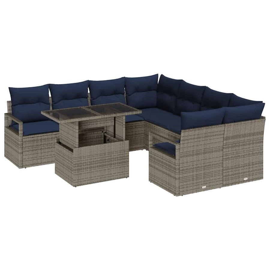 Tuin Sofa Set met opslag 9 pcs Grijs en Marineblauw poly rattan