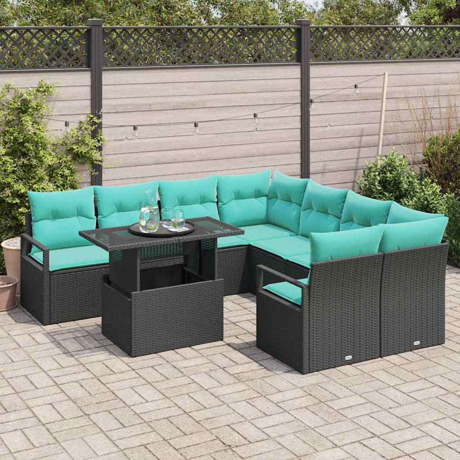 Tuin Sofa Set met opslag 9 pcs Zwart en Blauw poly rattan
