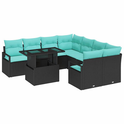 Tuin Sofa Set met opslag 9 pcs Zwart en Blauw poly rattan