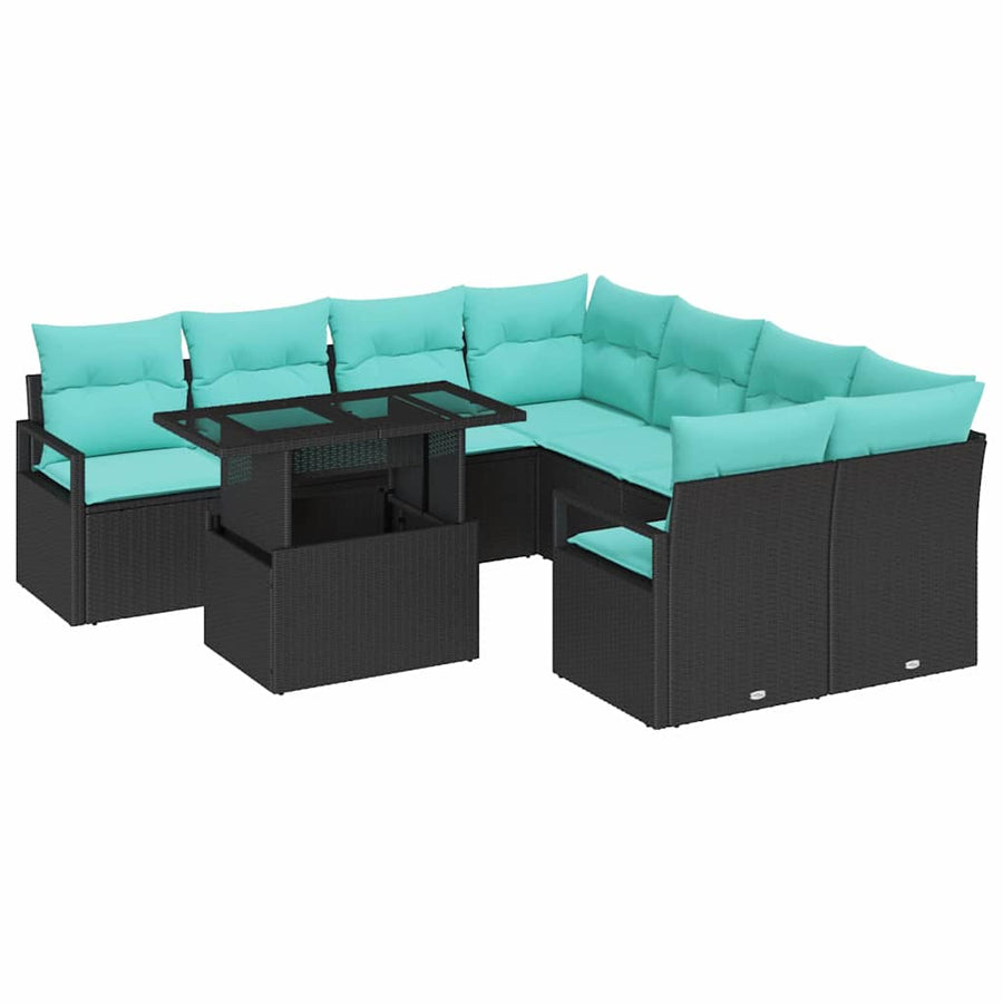 Tuin Sofa Set met opslag 9 pcs Zwart en Blauw poly rattan