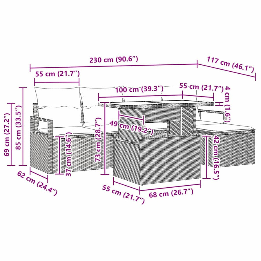 Tuin Sofa Set met kussen 6 pcs Zwart poly rattan
