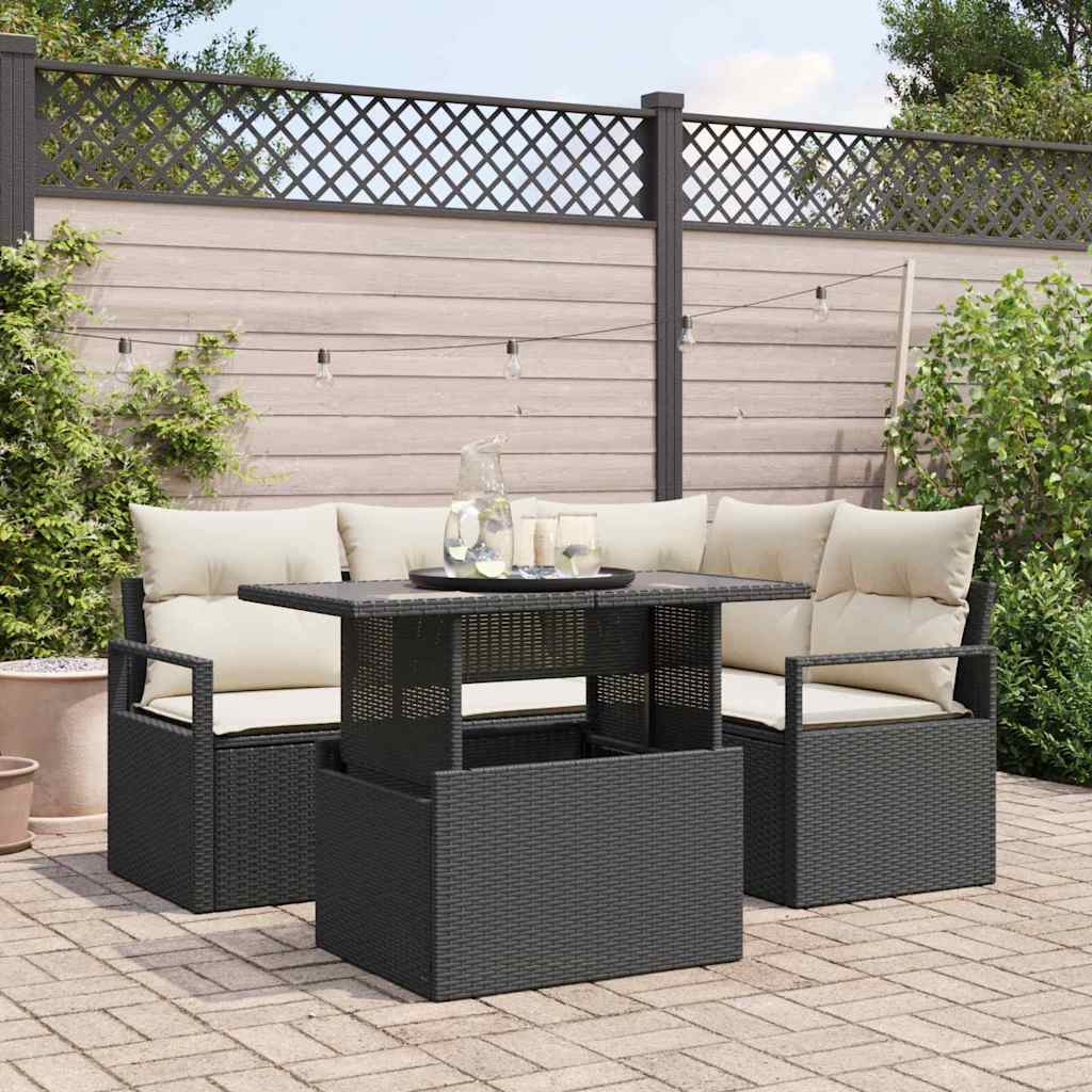 Tuin Sofa Set met kussen 5 pcs Zwart en crème poly rattan