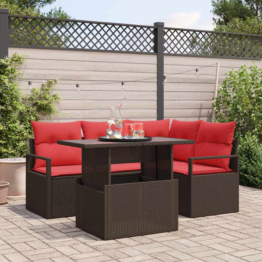 Tuin Sofa Set met opslag 5 pcs Bruin en Rood poly rattan