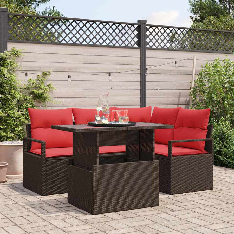 Tuin Sofa Set met opslag 5 pcs Bruin en Rood poly rattan