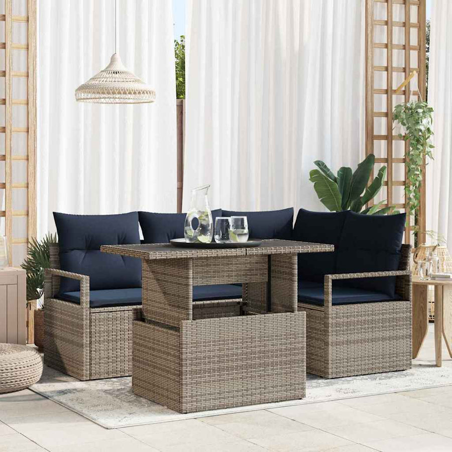 Tuin Sofa Set met kussen 5 pcs Grijs en Marineblauw poly rattan