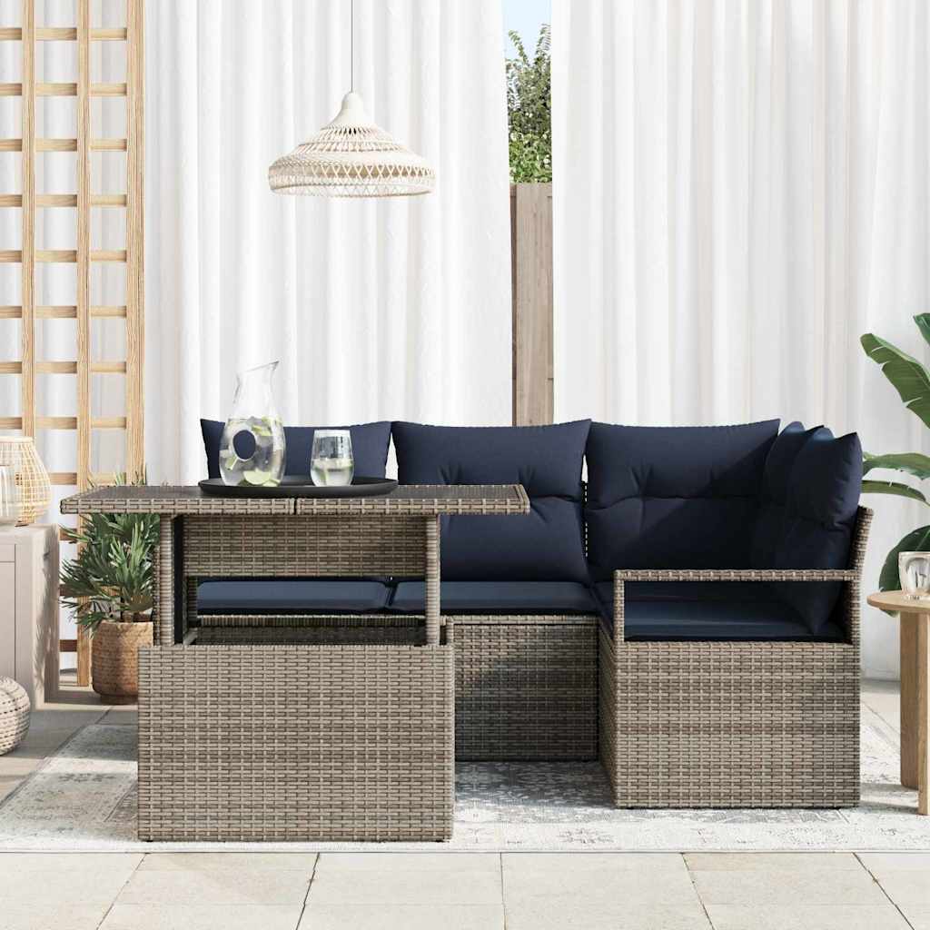 Tuin Sofa Set met kussen 5 pcs Grijs en Marineblauw poly rattan