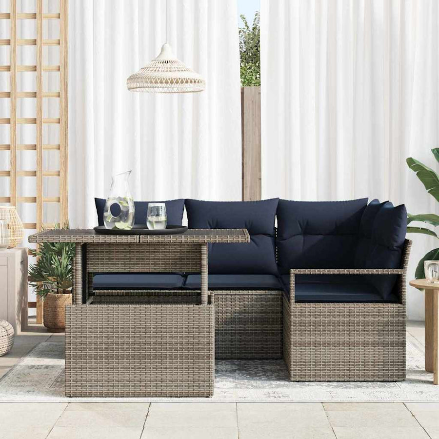 Tuin Sofa Set met kussen 5 pcs Grijs en Marineblauw poly rattan