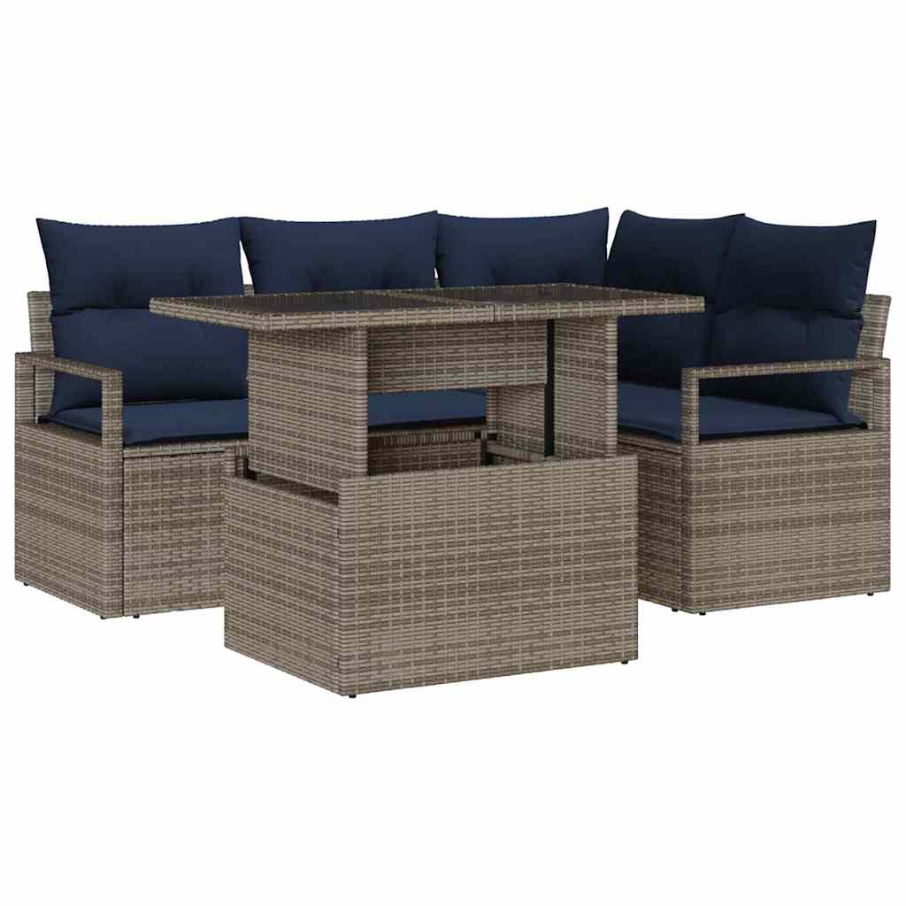Tuin Sofa Set met kussen 5 pcs Grijs en Marineblauw poly rattan