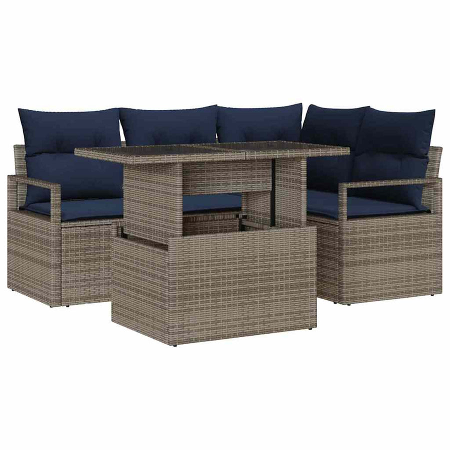 Tuin Sofa Set met kussen 5 pcs Grijs en Marineblauw poly rattan