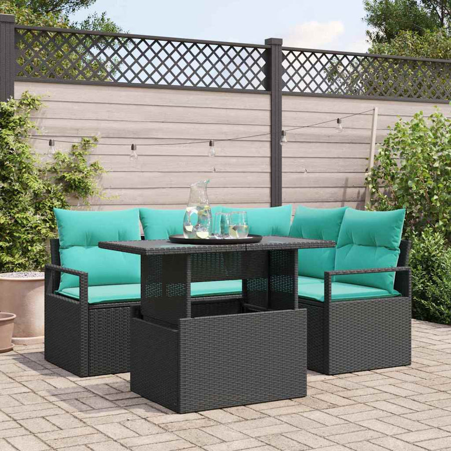 Tuin Sofa Set met kussen 5 pcs Zwart en blauw poly rattan