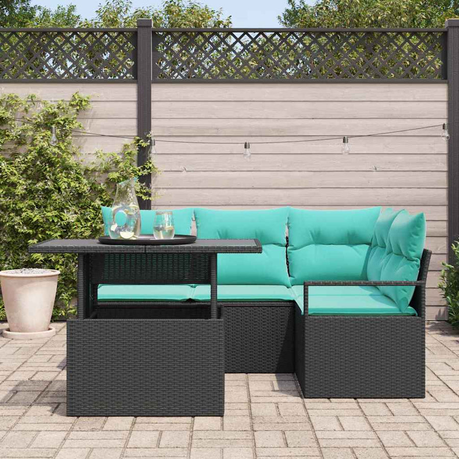 Tuin Sofa Set met kussen 5 pcs Zwart en blauw poly rattan