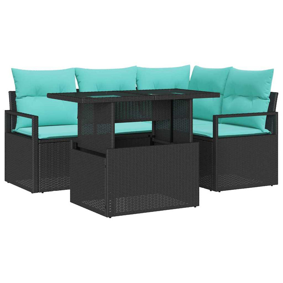 Tuin Sofa Set met kussen 5 pcs Zwart en blauw poly rattan