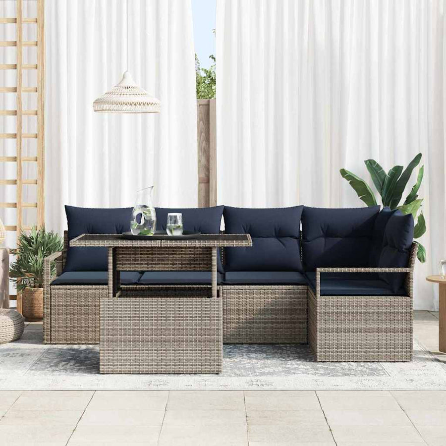 Tuin Sofa Set met opslag 6 pcs Grijs en Marineblauw poly rattan