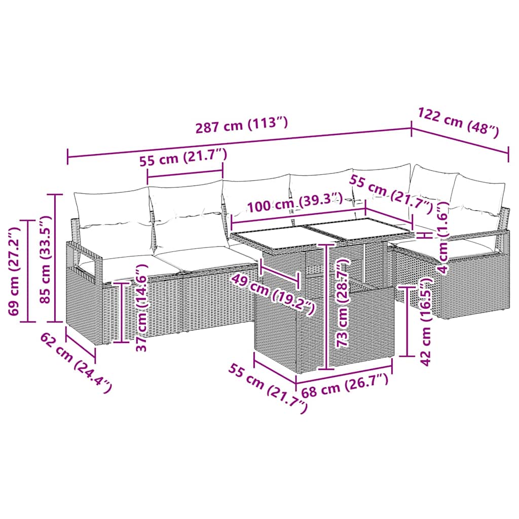 Tuin Sofa Set met kussen 7 pcs Grijs Poly riet