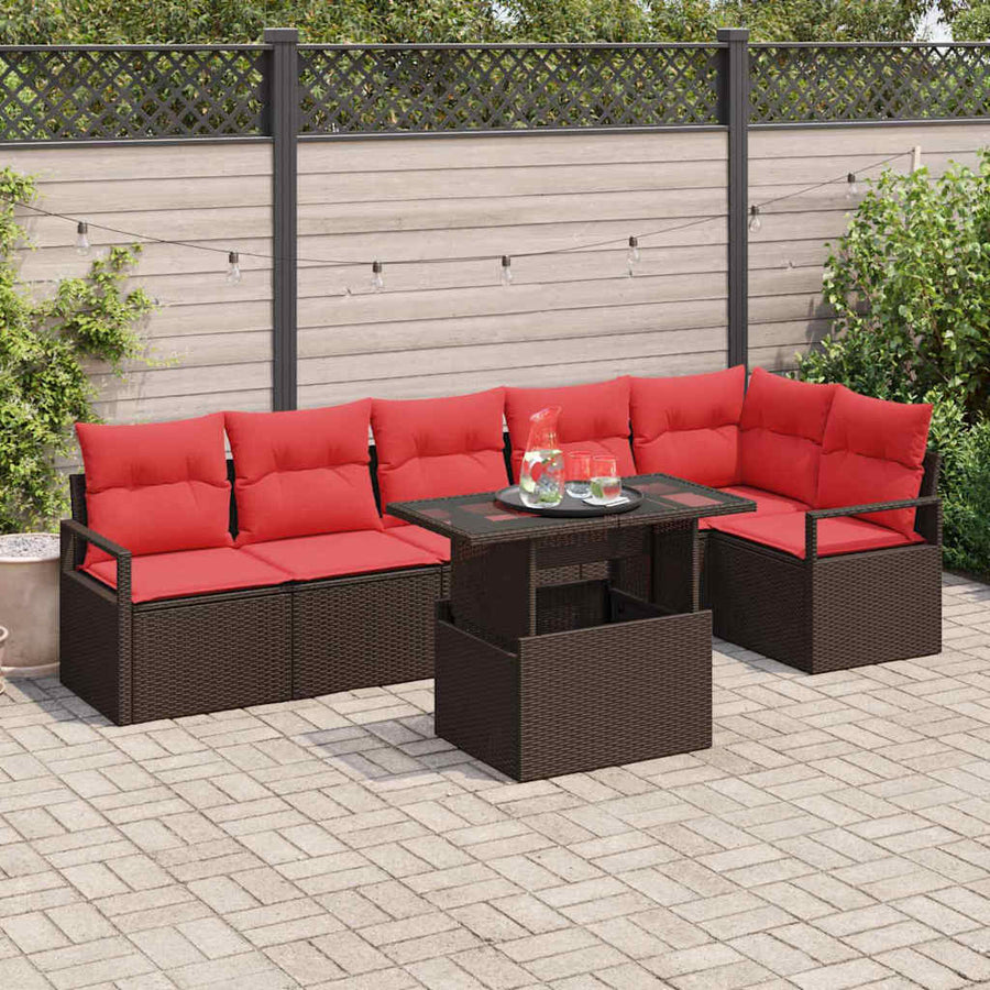 Tuin Sofa Set met opslag 7 pcs Bruin en Rood poly rattan