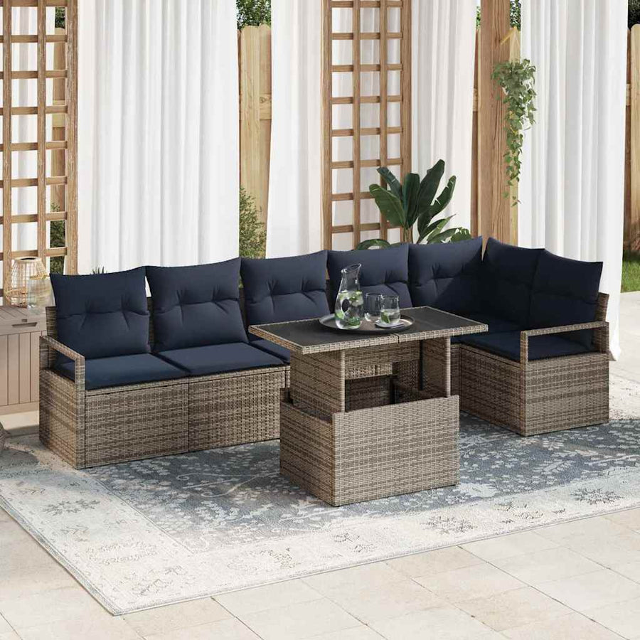 Tuin Sofa Set met opslag 7 pcs Grijs en Marineblauw poly rattan