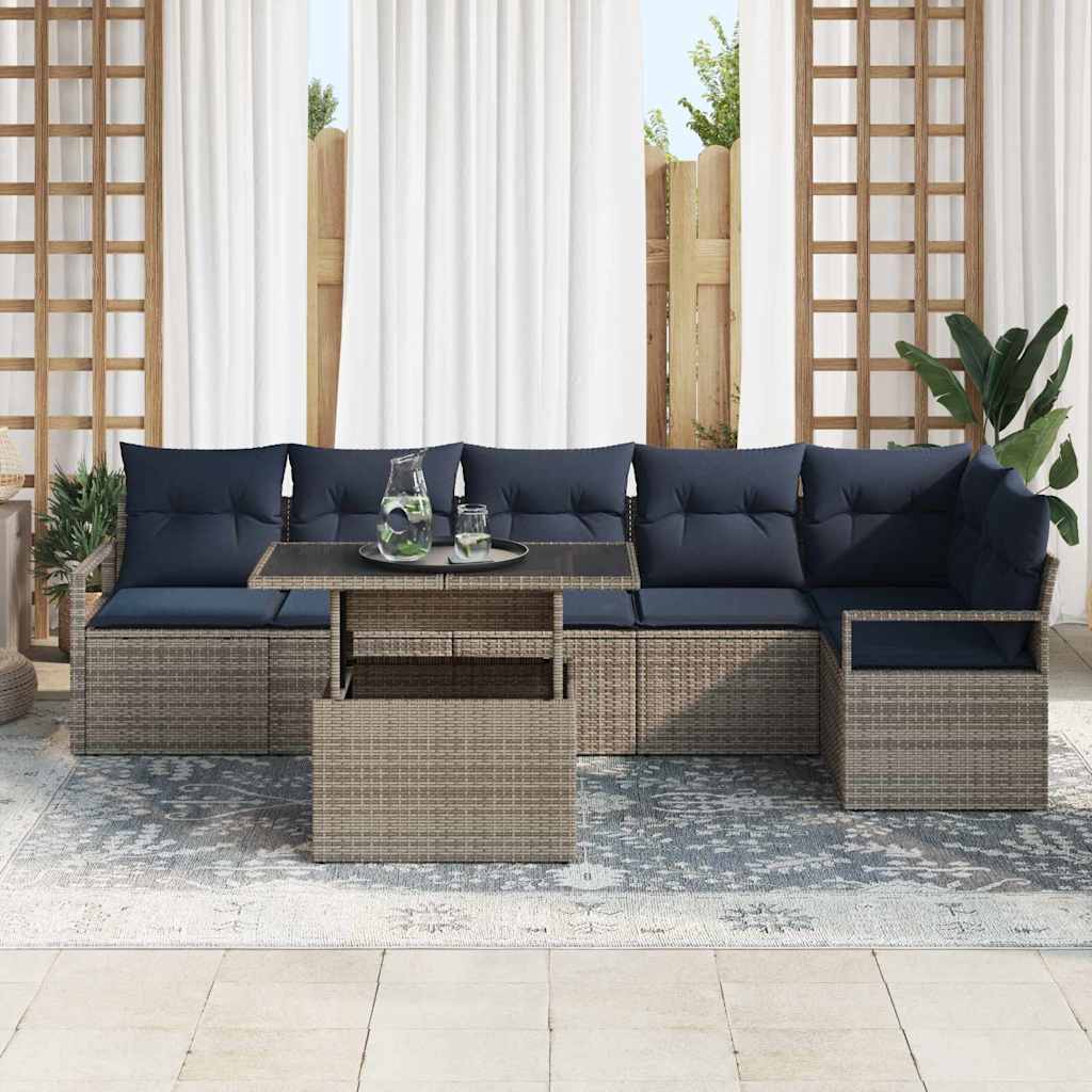 Tuin Sofa Set met opslag 7 pcs Grijs en Marineblauw poly rattan
