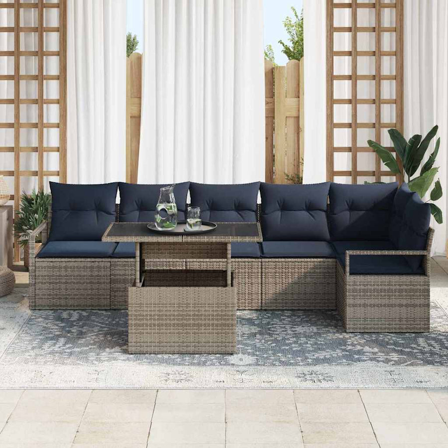 Tuin Sofa Set met opslag 7 pcs Grijs en Marineblauw poly rattan