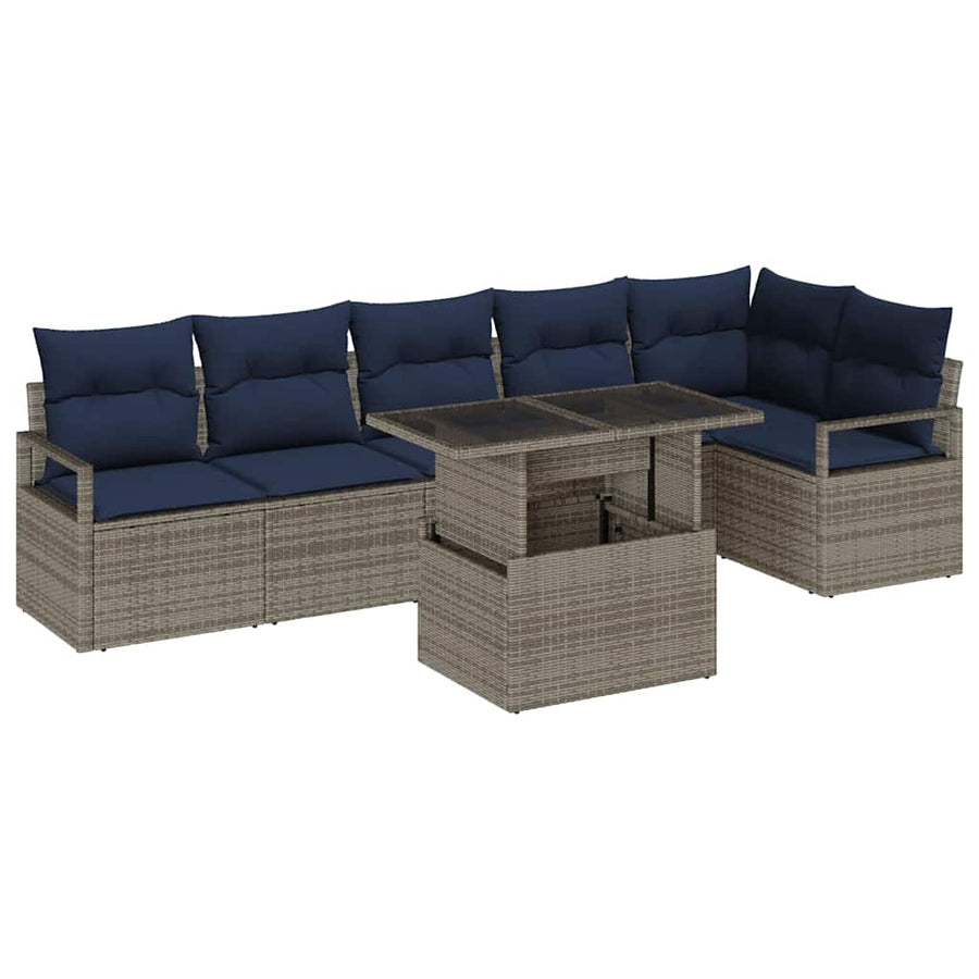 Tuin Sofa Set met opslag 7 pcs Grijs en Marineblauw poly rattan