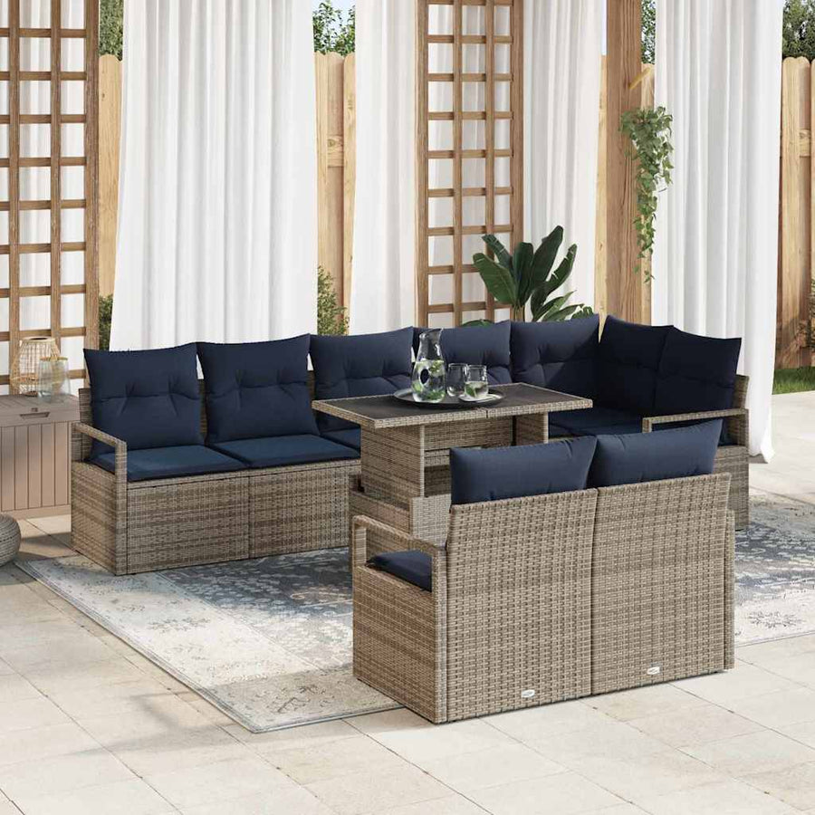 Tuin Sofa Set met kussen 9 pcs Grijs en Marineblauw poly rattan