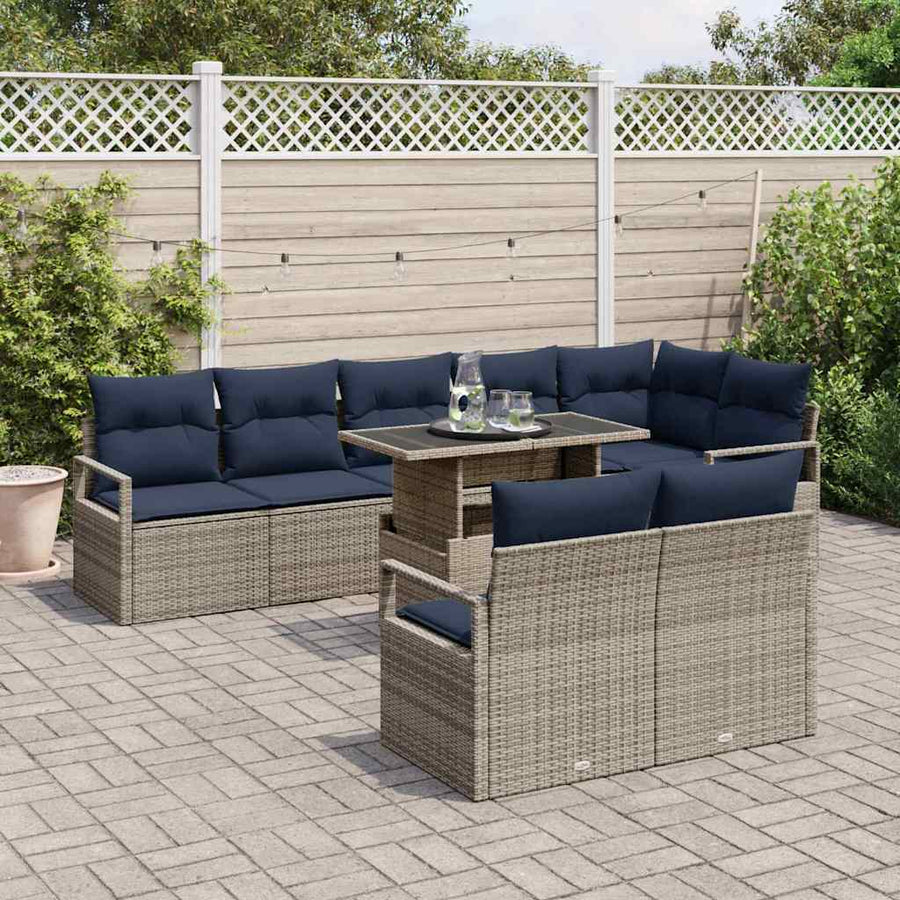 Tuin Sofa Set met kussen 9 pcs Grijs en Marineblauw poly rattan