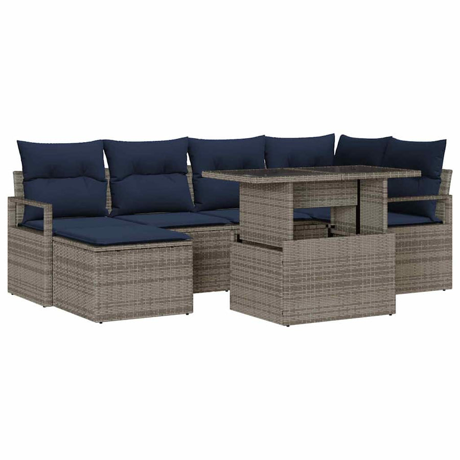 Tuin Sofa Set met opslag 7 pcs Grijs en Marineblauw Poly riet