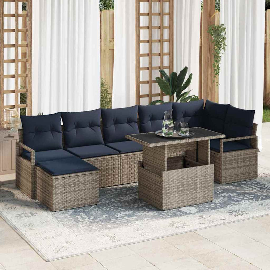 Tuin Sofa Set met opslag 8 pcs Grijs en Marineblauw poly rattan