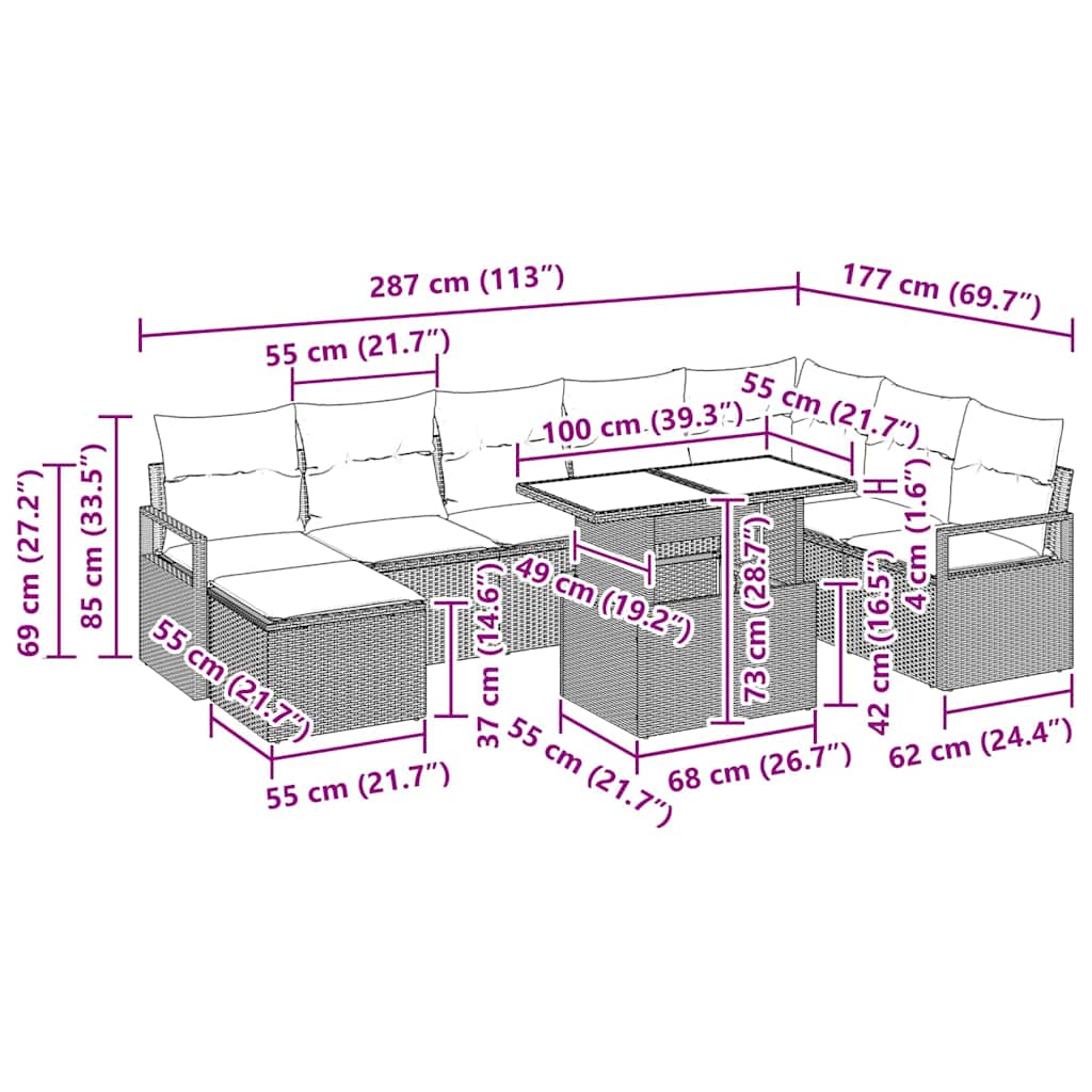 Tuin Sofa Set 9 pcs Zwart Poly rattan en gepoedercoat staal