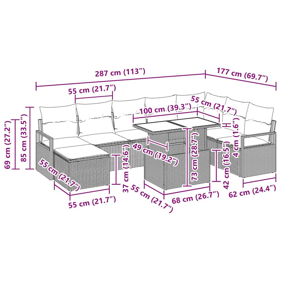 Tuin Sofa Set 9 pcs Zwart Poly rattan en gepoedercoat staal