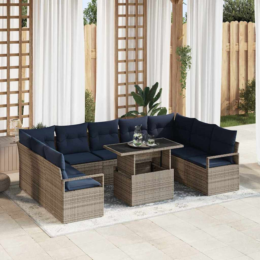 Tuin Sofa Set met opslag 10 pcs Grijs en Marineblauw Poly riet