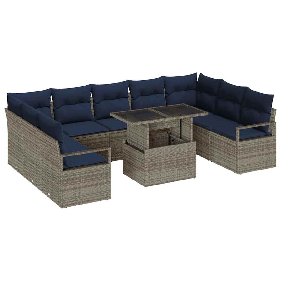 Tuin Sofa Set met opslag 10 pcs Grijs en Marineblauw Poly riet