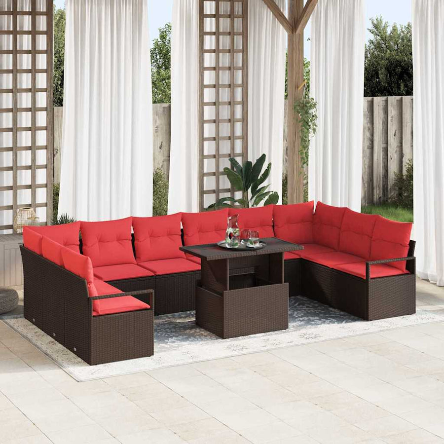 Tuin Sofa Set met kussen 11 pcs Bruin en Rood poly rattan