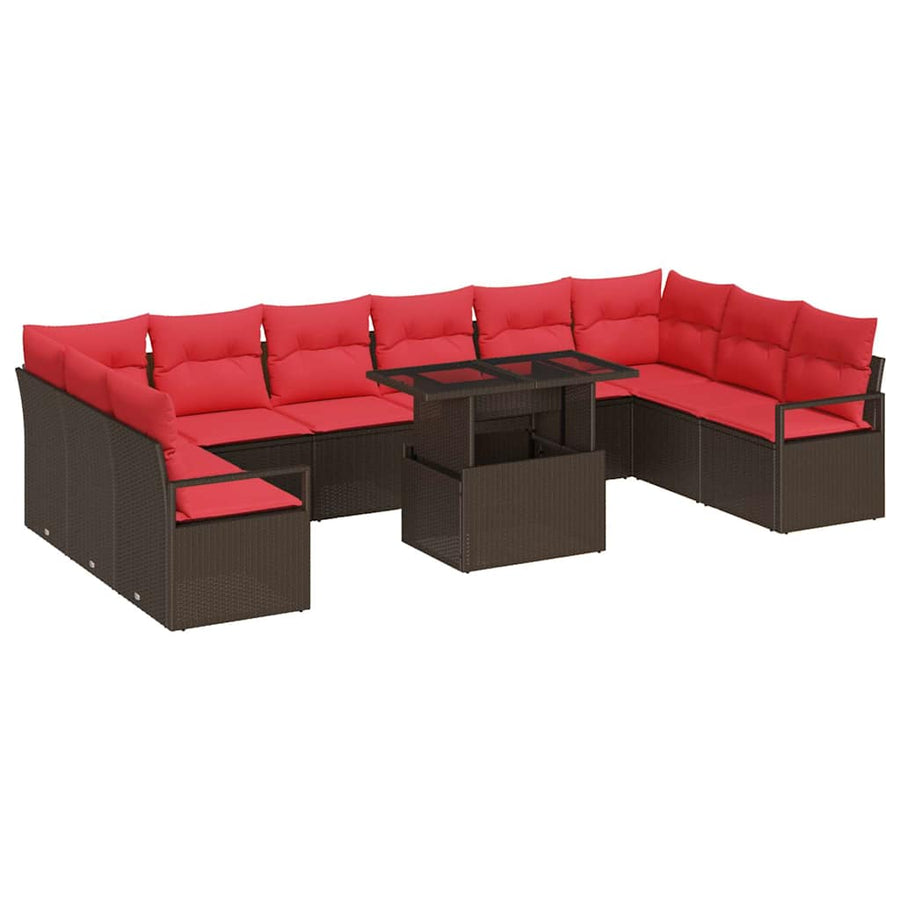 Tuin Sofa Set met kussen 11 pcs Bruin en Rood poly rattan