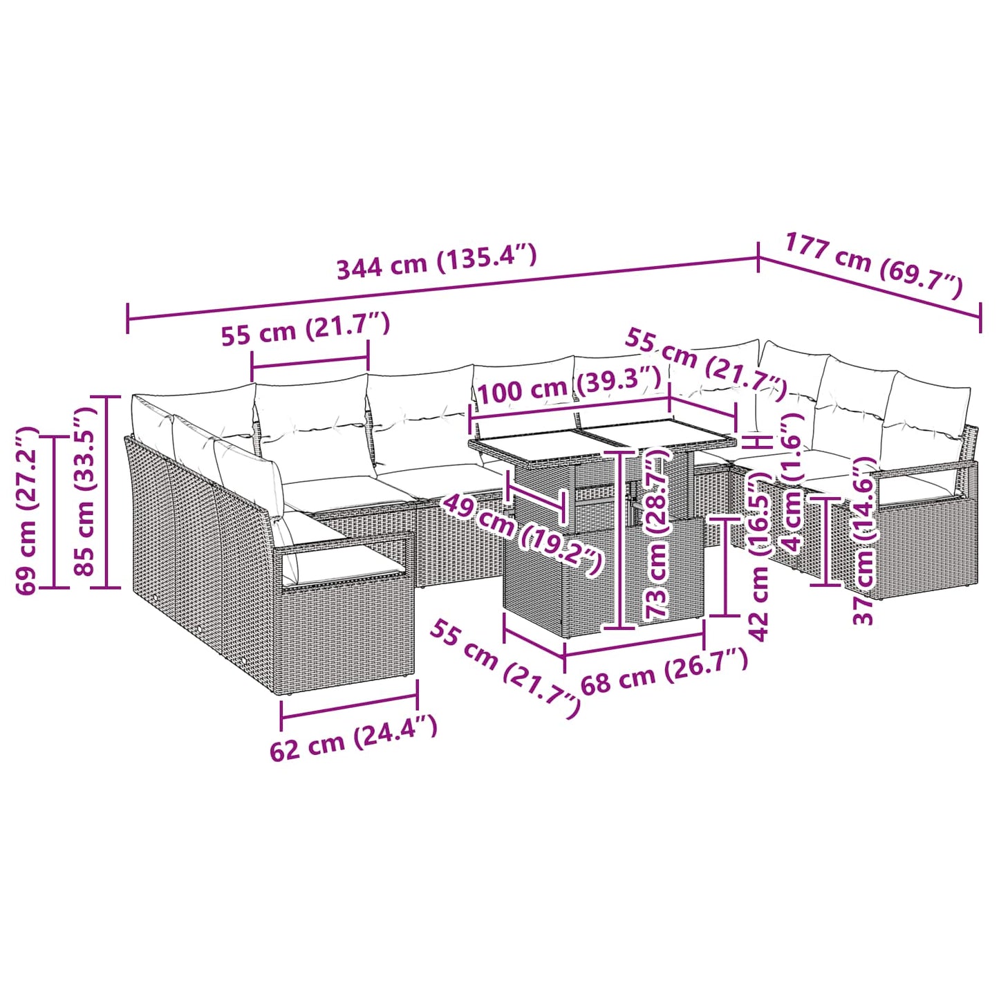 Tuin Sofa Set met kussen 11 pcs Bruin en Rood poly rattan