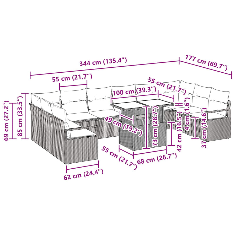 Tuin Sofa Set met kussen 11 pcs Zwart en blauw poly rattan