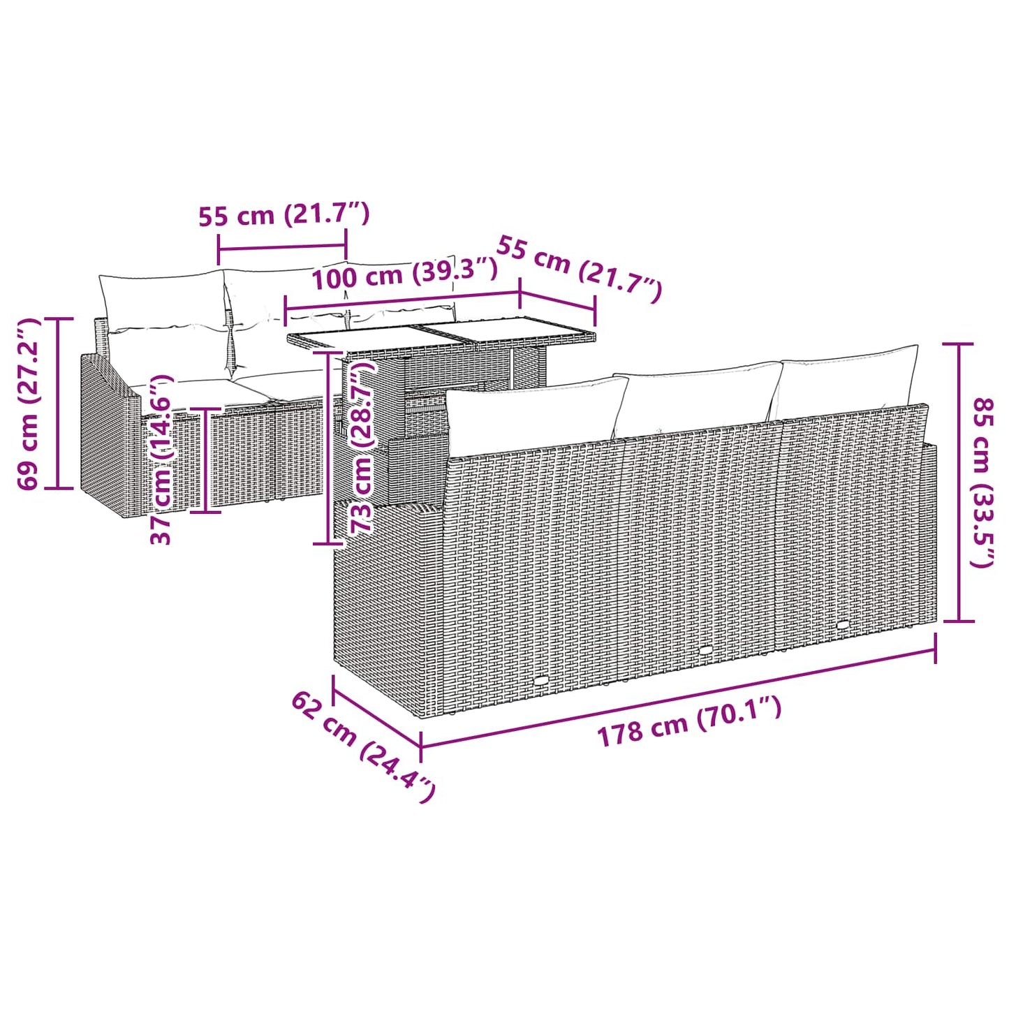 Tuin Sofa Set 7 st 6-Aantal zitplaatsen Bruin en Rood